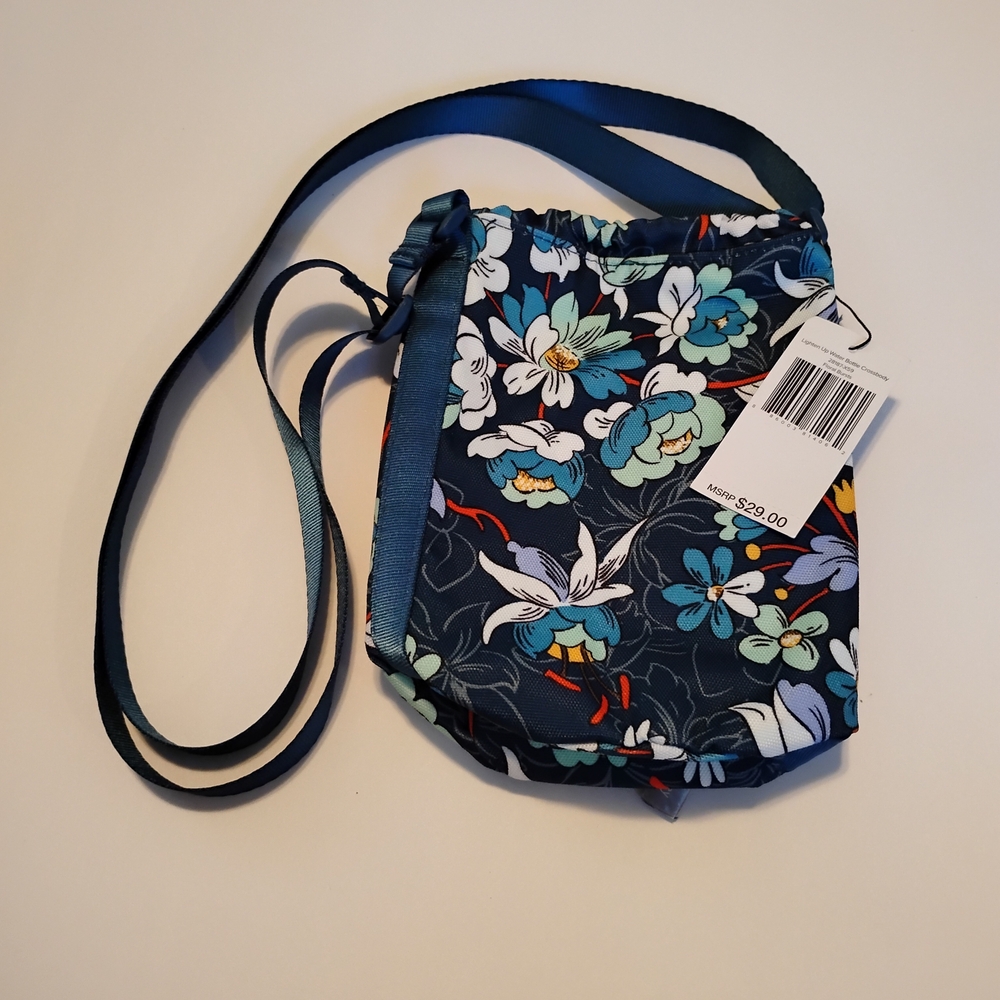 NEW Vera Bradley Lighten Up Blue Floral Print Water Bottle Crossbody Bag